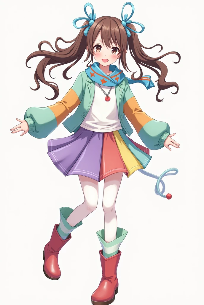 Create an anime style girl with a white t-shirt under a light green jacket with orange and light blue sleeves, short purple and yellow skirt, with a blue and red scarf,with long white stockings, with pastel red boots, with long hair with pigtails half blue and half brown