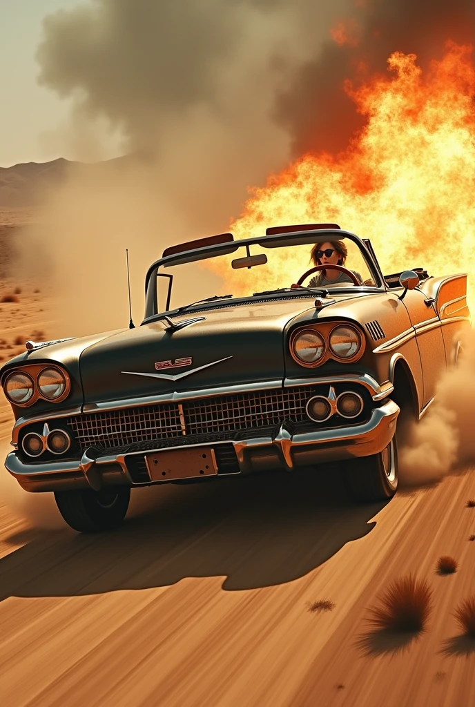 1959 Chevrolet Bel Air convertible skidding on the road, accelerating and smoking the rear tires , grimy, damaged, shattered, kneaded, shipwrecked, madmax style, post-apocalypse environment, on a road in the middle of the hot desert, There's a woman driving this car, the car has STAR WHEEL, WIDE WHEEL AND SPINNING WHEEL EFFECT, METALLIC BLACK COLOR, Headlights on, OPAQUE DARK GLASSES, GOLD COLOR DETAILS, GOLD COLOR FRIEZES, O carro it's on fire, it's on fire, Burning, engine catching fire, beautiful and strong flames, engine fire, fire everywhere