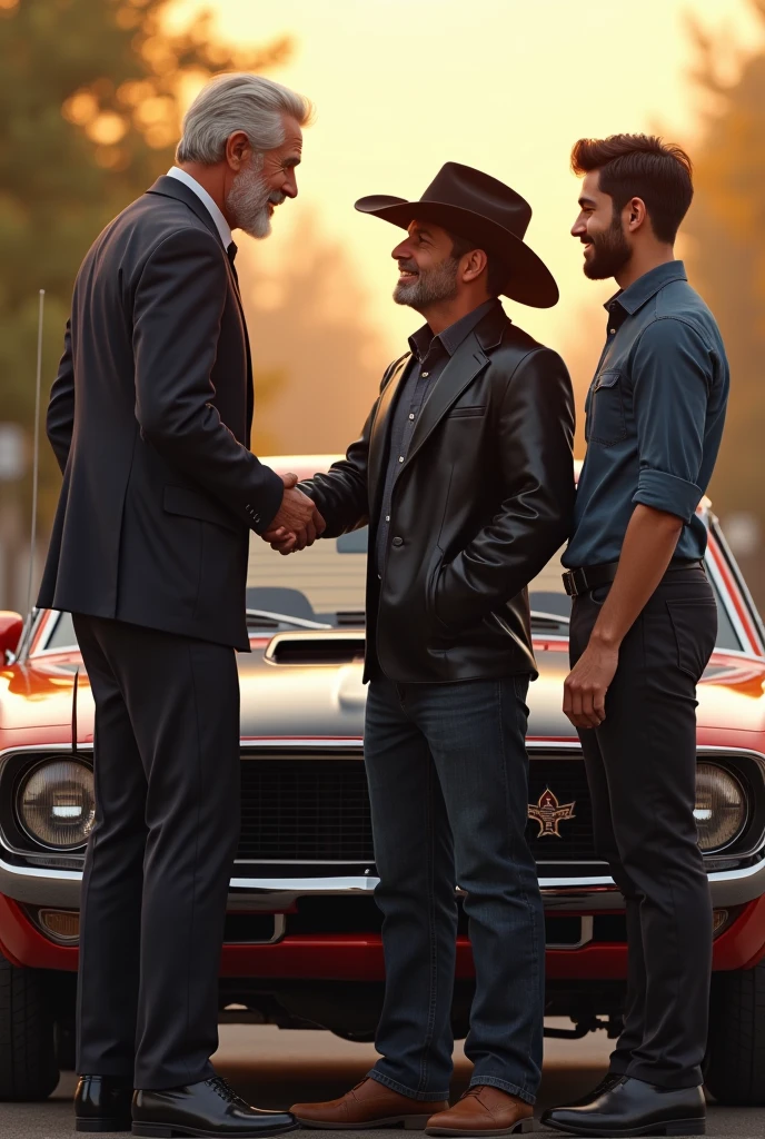 A handsome, attractive man with a hat and a black cowboy outfit getting out of a car with a handsome young gay man introducing his grandfather to his boyfriend