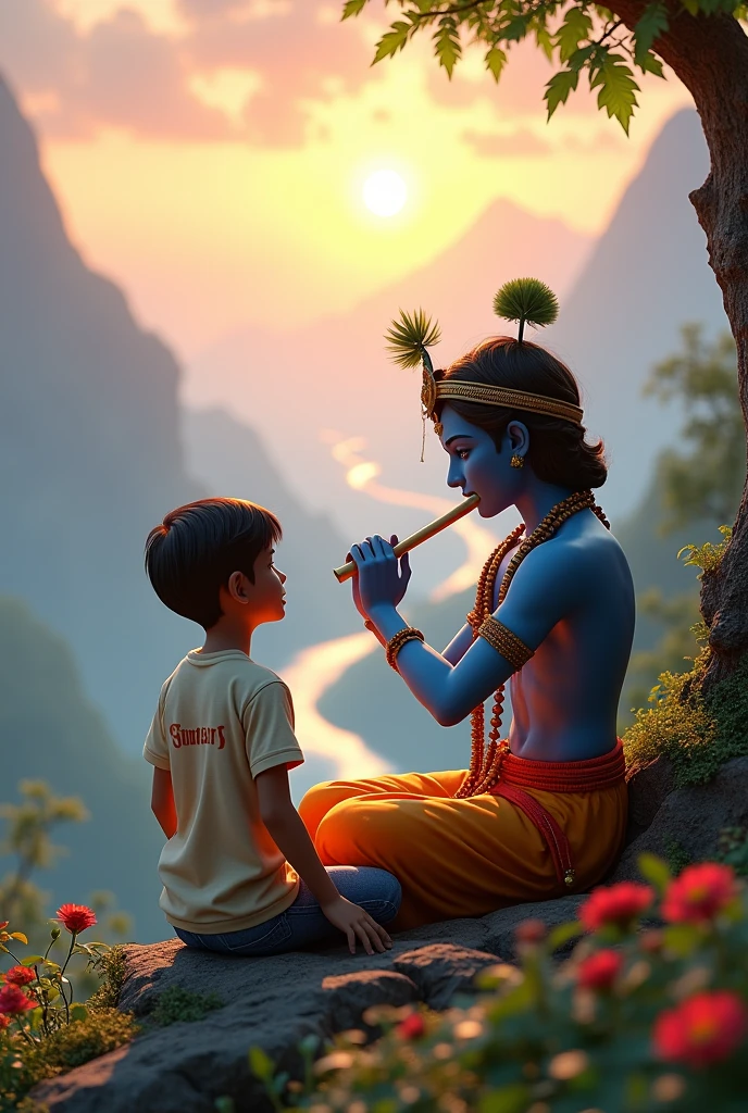 A 3D rendered image depicting a 2 Indian devotional boy named Somnath sitting next to Lord Krishna on a mountain peak. Krishna is playing his enchanting flute, while Samar listens in reverence. Somnath wears a T-shirt with his name clearly visible on it. The background showcases a breathtaking, heavenly view with lush landscapes and perhaps a distant sunset. A colorful peacock dances nearby, adding to the divine atmosphere. The image should have a realistic style with