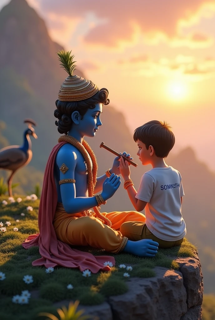A 3D rendered image depicting a 2 Indian devotional boy named Somnath sitting next to Lord Krishna on a mountain peak. Krishna is playing his enchanting flute, while Samar listens in reverence. Somnath wears a T-shirt with his name clearly visible on it. The background showcases a breathtaking, heavenly view with lush landscapes and perhaps a distant sunset. A colorful peacock dances nearby, adding to the divine atmosphere. The image should have a realistic style with