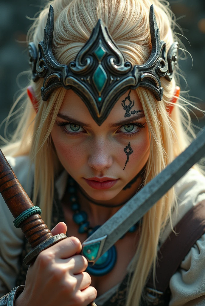 Close up of female warrior with small sword in hand, blonde, sword next to the face, large head ornament , blue neck necklace, tattoo in face