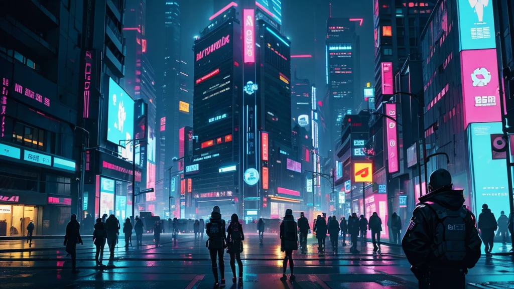 A cyberpunk style city with lots of neon details, with inhabitants passing by the street