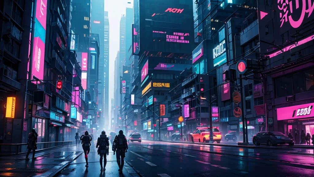 A cyberpunk style city with lots of neon details, with inhabitants passing by the street