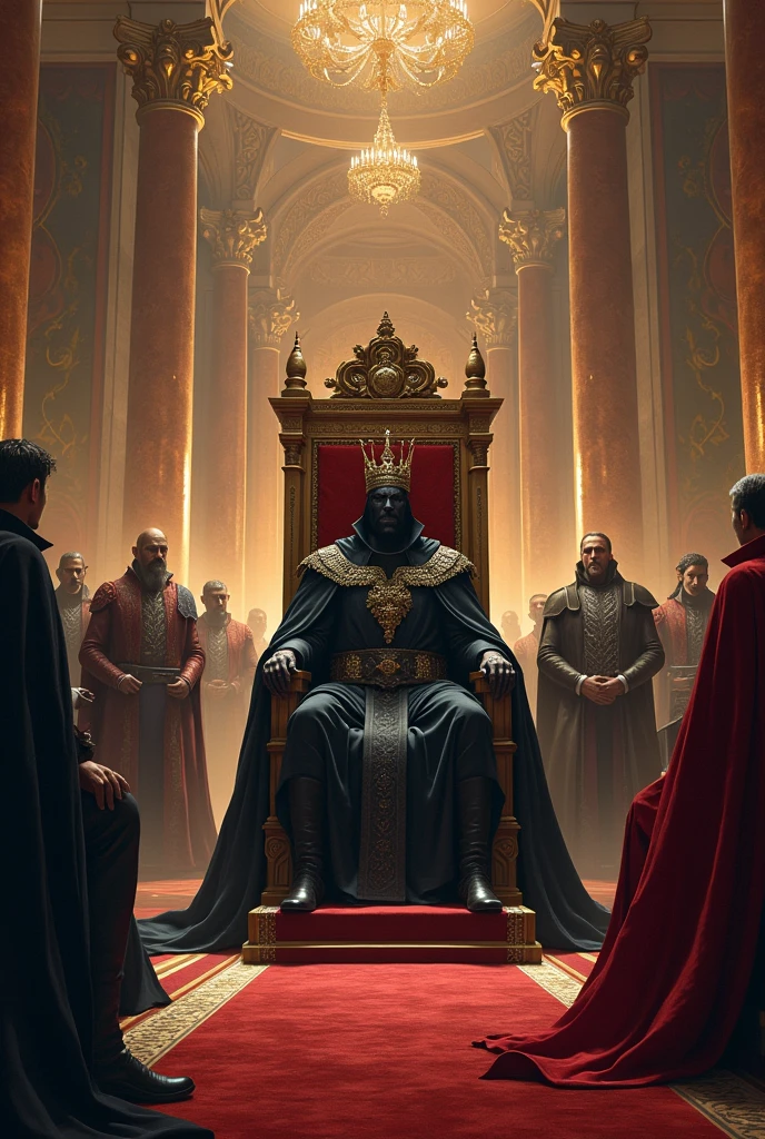 Throne room with the black king seated and the entire court around, like a point of view seeing from afar 