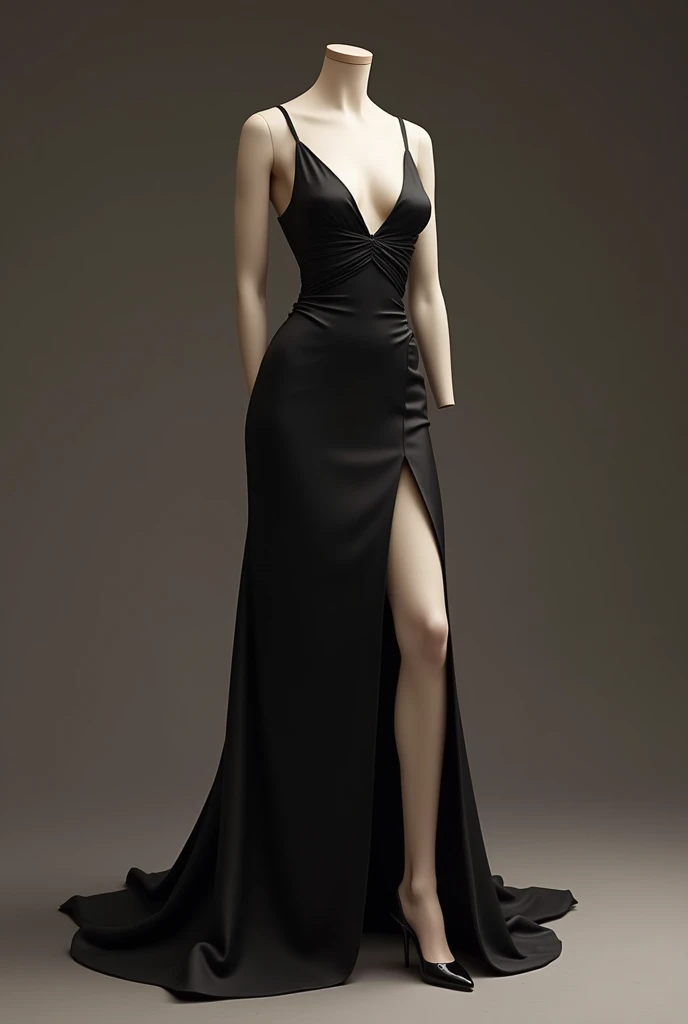Create an elegant long dress with a leg slit, neckline and thin strap sleeves