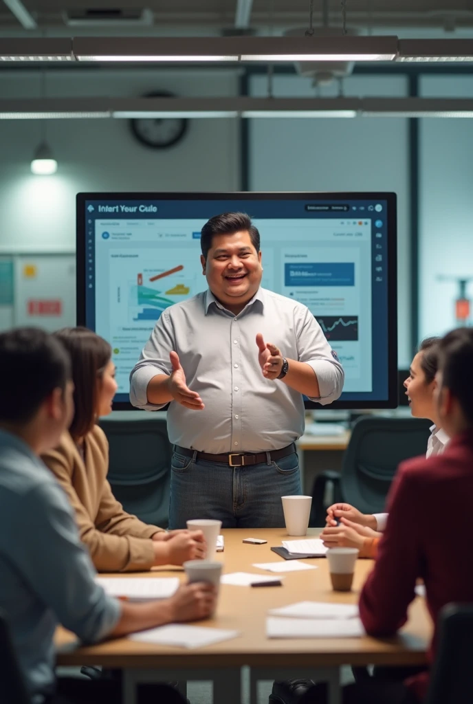 Average chubby Peruvian guy doing a computer demonstration on using software to his office mates.
