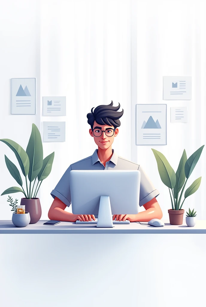 The image is in banner size X. The illustration is of a programmer on a white desk with all devices in white and iced coffee on the desk.