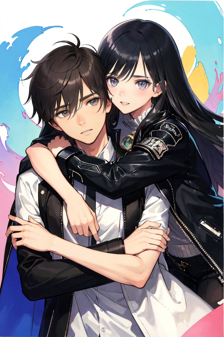 couple, lovers, man and woman, love, hug, mature, a cat woman, she has freckles, she has dark brown eyes and an upturned nose, she is happy and smiling, she has long wavy hair, black hair, she is wearing aviator sunglasses with clear lenses in a soft watercolor style. The girl's clothes must be pink, purple, and blue in celebration of the bisexual, with stains of ink and watercolor mixing and filling the scene. he has blonde hair, There should be a subtle, nuanced change in colors using the impasto technique with gouache paint. There should be a light rain in the watercolor painting with a little watercolor paper texture and a pastel background.