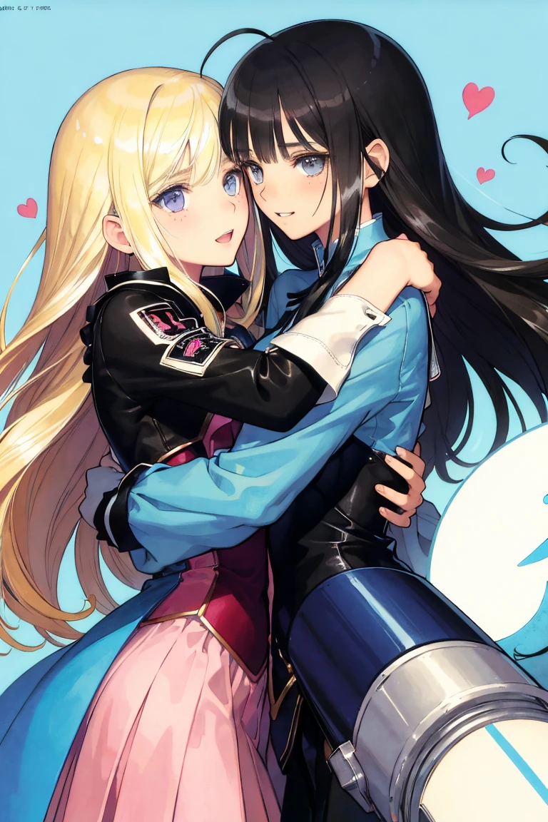 couple, lovers, man and woman, love, hug, mature, a cat woman, she has freckles, she has dark brown eyes and an upturned nose, she is happy and smiling, she has long wavy hair, black hair, she is wearing aviator sunglasses with clear lenses in a soft watercolor style. The girl's clothes must be pink, purple, and blue in celebration of the bisexual, with stains of ink and watercolor mixing and filling the scene. he has blonde hair, There should be a subtle, nuanced change in colors using the impasto technique with gouache paint. There should be a light rain in the watercolor painting with a little watercolor paper texture and a pastel background.