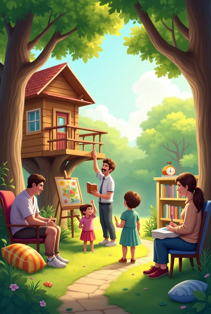 A vibrant outdoor scene features a father standing next to a large treehouse he has just built. His young son is excitedly pointing up at it. Nearby, an artist is sitting at an easel, drawing a picture for a small child who is watching closely. In another part of the scene, a nurse is gently giving medicine to a patient who is sitting in a chair. In the background, a librarian is offering books to a group of children who are sitting in a cozy reading corner filled with cushions and bookshelves. The setting is warm and sunny, with lush greenery and a peaceful atmosphere.