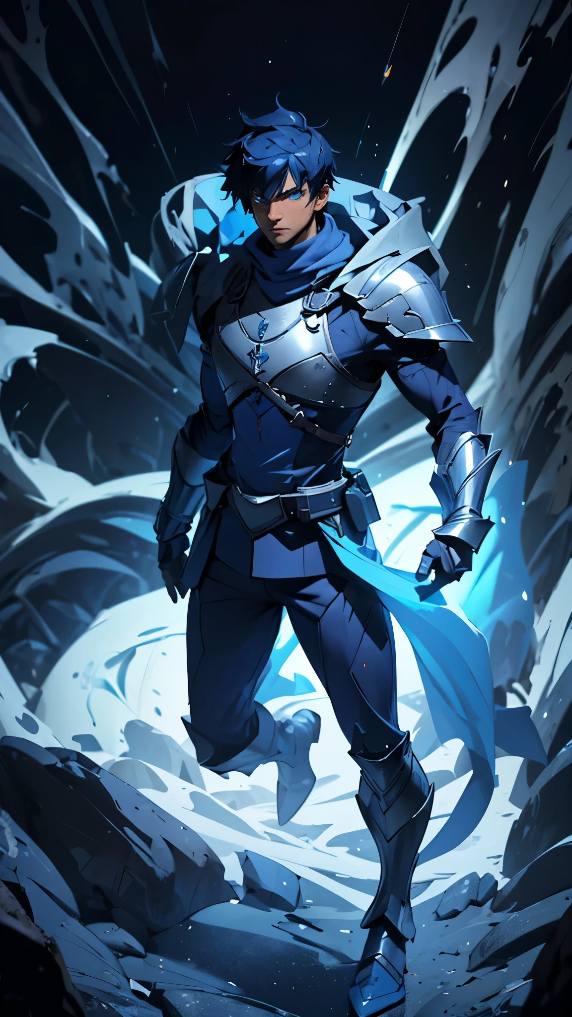 envision a 8k, highres, cinematic full body design sheet of a man with a slender body, no facial hair with shaggy blue hair, and blue eyes wearing blue shirt with silver armor plate against a dark gray background