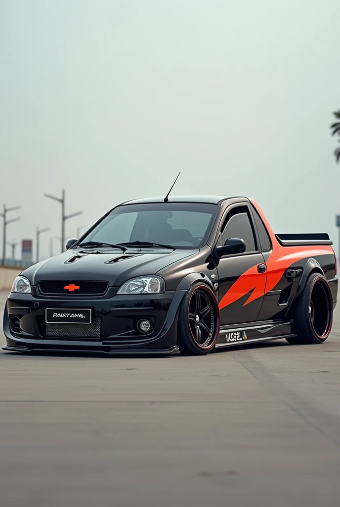 Chevrolet corsa year 2007 1.8 pick up with widebody offset racing wheels seen from the side