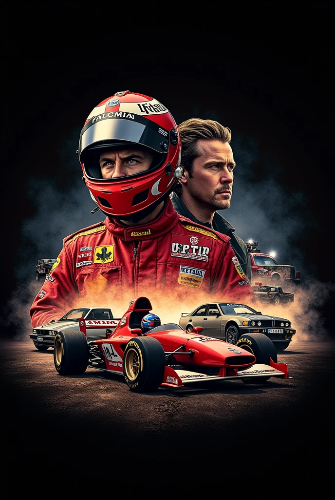 "Create a high-resolution image with a rectangular shape, with a predominant black background. At the center, include a stylized portrait of Ayrton Senna in his iconic and expressive helmet. Beside him, add Paul Walker, with a look that recalls his 'Fast and Furious' style. Include several cars in low and off-road styles around them, creating a dynamic and intense environment. Use vibrant colors for the characters and cars to create a striking contrast with the dark background.. Add the following sentence in a stylized and clearly visible font: 'Always do everything with a lot of love and with a lot of faith in God., that one day you will get there, somehow you get there.'"