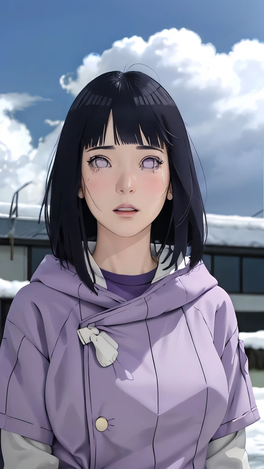 masterpiece、Hinata(bolt)、1 female、solo、Mature beautiful woman、Combat Uniform、Sweat、scenery、Cloudy、Perfect composition、detailedな唇、Large Breasts、Beautiful Face、Body Proportions、blush、(Pink Lips)、Long Hair、Purple Eyes、Soft gaze、Crying face、tears、Ultra-realistic、detailed、photo shoot、Realistic face and body、Realistic Hair、Realistic eyes、Realistic nose、Realistic lips