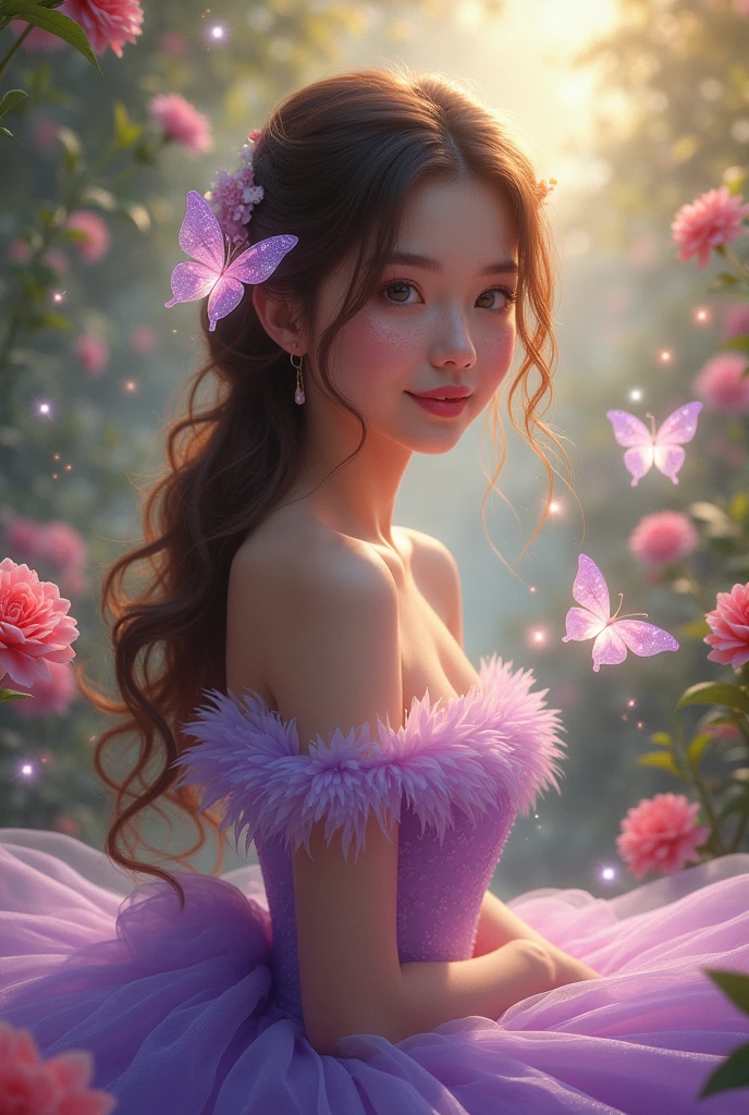 an 1 woman, tender, extremely beautiful with brown hair and honey-colored eyes, smiling, full lips, with freckles, lip gloss, small nose, phosphorescent light address, with a purple princess dress, with sparkling crystal butterflies , in a magical flower garden