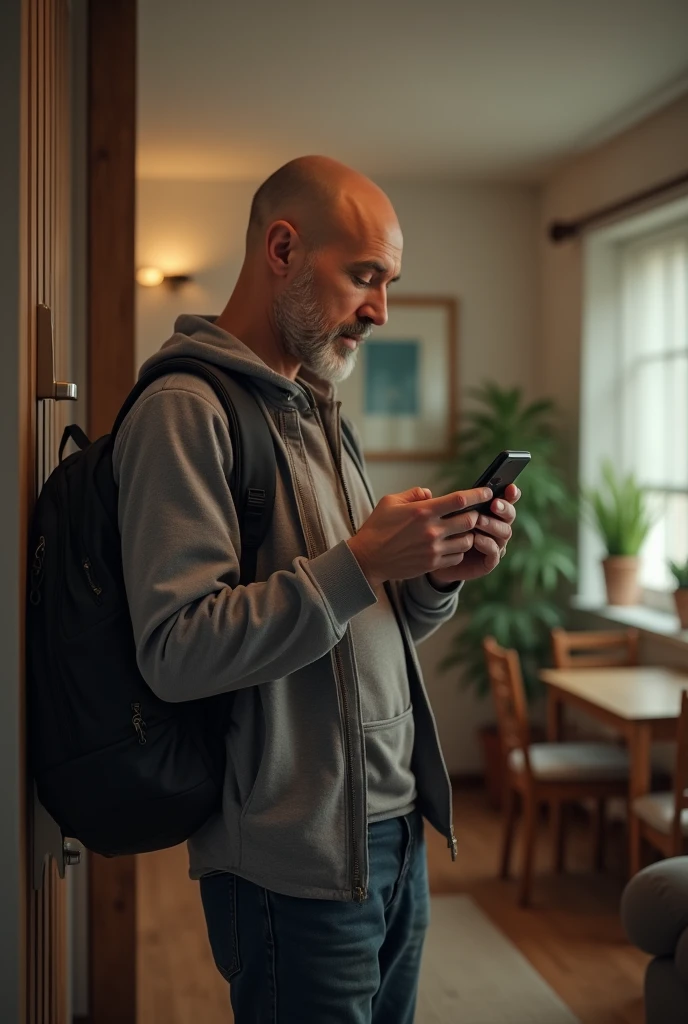 bald white man with a backpack looking at his phone standing inside a house 