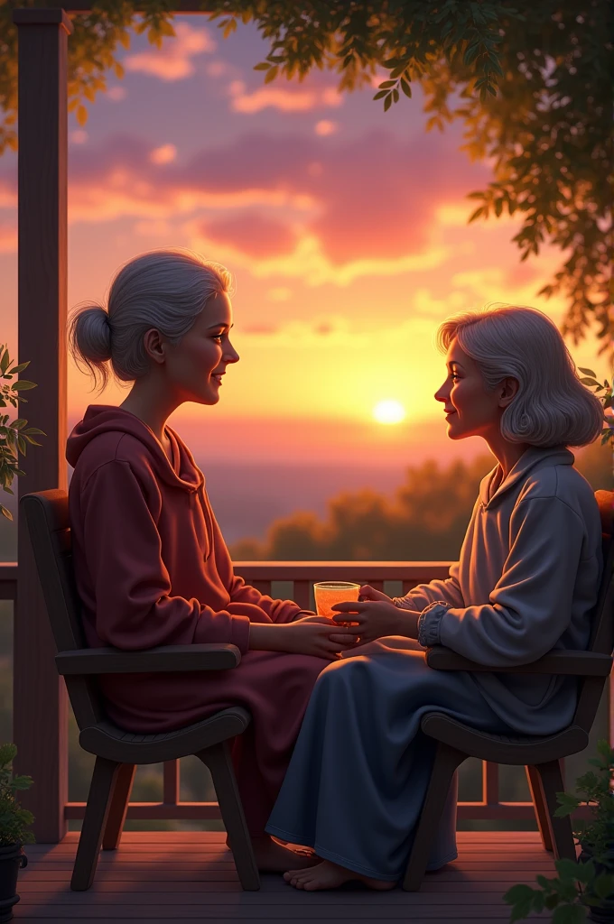 Elderly mother and adult daughter watching the sunset
