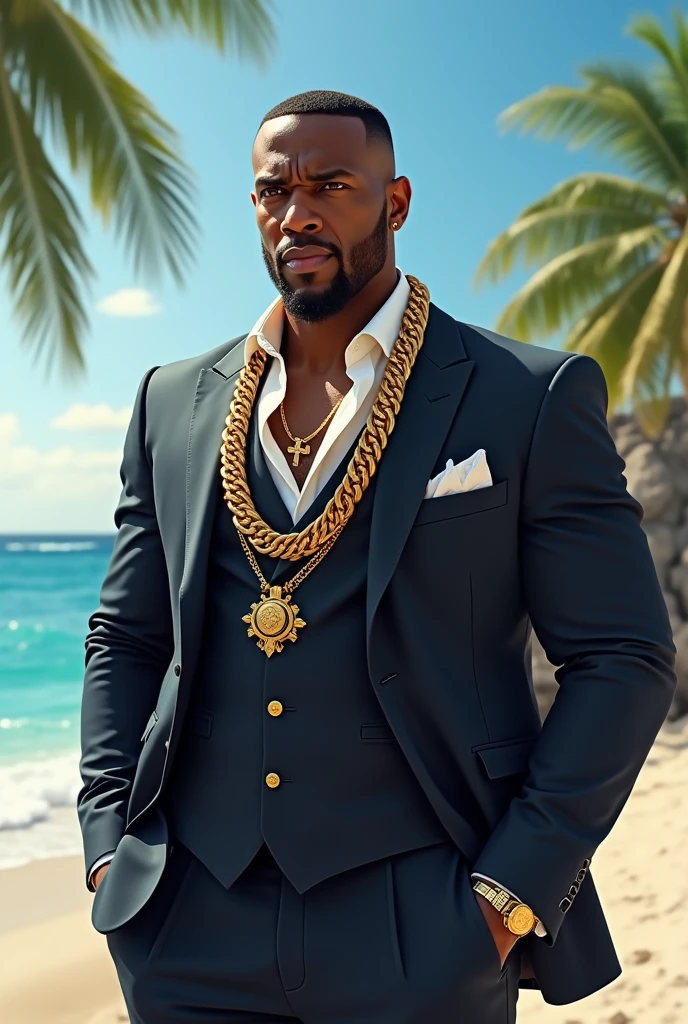 Billionaire brown skin man with gold chains and money standing on a yacht or beach with a savage look on his face in a nice suit 