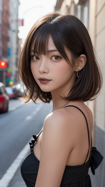 One Girl, (A beauty girl, delicate :1.3), (:1.3), break, (Gothicta, Frills, race:1.3), break, Very fine grain definition, (Symmetrical eyes:1.3), break, (Street view:1.3), break, Small breasts, Brown eyes, Parted bangs, Brown Hair, , break, (Eye and facial details:1.0), break, (masterpiece, Highest quality, Super detailed, Detailed face, 8k)