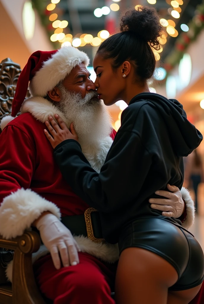 black woman hair in a bun black hoodie black leather short shorts excited and eyes wide open on her face setting in santa claus lap at the mall 8k
backside view low angle on top of santa french kissing and santa got his hands around her waist 