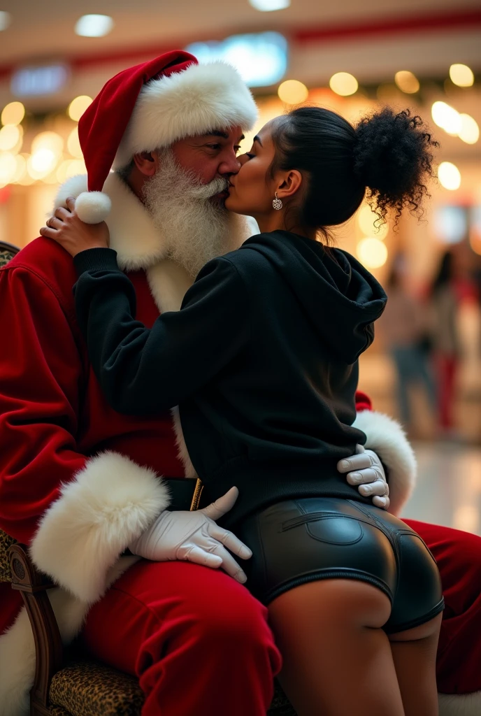 black woman hair in a bun black hoodie black leather short shorts excited and eyes wide open on her face setting in santa claus lap at the mall 8k
backside view low angle on top of santa french kissing and santa got his hands around her waist