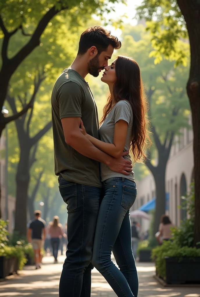 PICTURE REALISTIC, tall thin man, casual clothes, woman in evangelical jeans clothes, long brown hair, hugging each other tightly, kissing passionately in a tree-lined square.