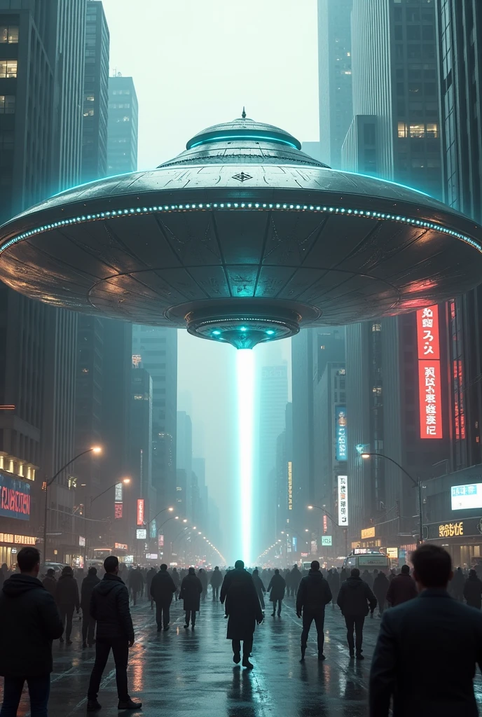 Create a UFO parked on the city street