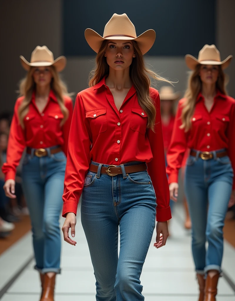 Models with red shirts and jeans, calf accessories posing for a photo, rodeo, on a catwalk for a fashion show.8k