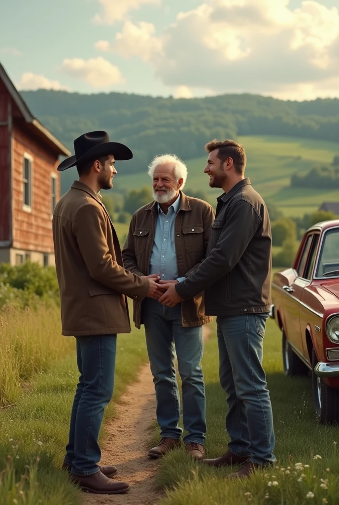 A handsome attractive man with a hat and a black cowboy dress getting out of a car with a young handsome gay man introducing his grandfather to his boyfriend on a farm