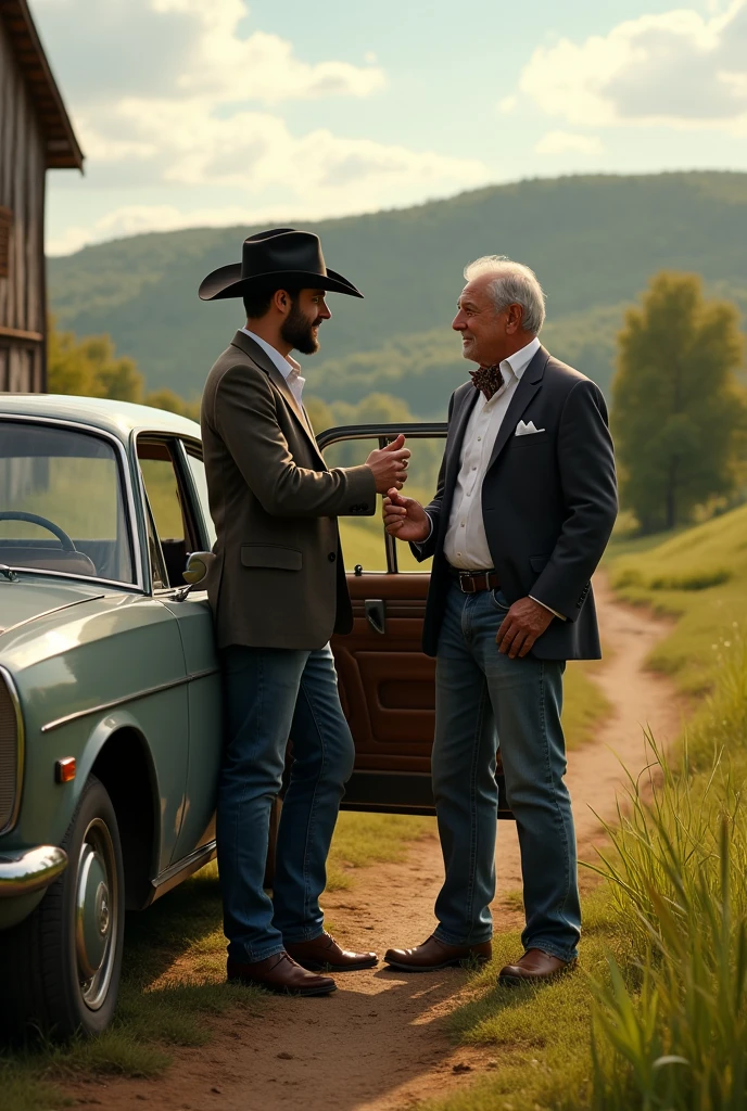 A handsome attractive man with a hat and a black cowboy dress getting out of a car with a young handsome gay man introducing his grandfather to his boyfriend on a farm