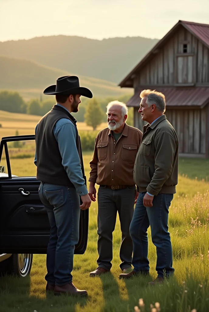 A handsome attractive man with a hat and a black cowboy dress getting out of a car with a young handsome gay man introducing his grandfather to his boyfriend on a farm