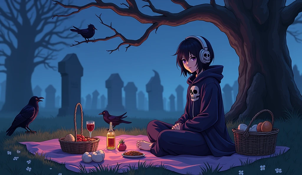 A male ager he is a necromancer he is wearing a hood that looks like a skull he has black hair slightly pale skin purple eyes he is wearing the black wizard robe he is sitting on a picnic blanket and has picnic food and a basket ready on the blanket he is in a graveyard his haunted staff is on a dead tree with several crows on it and he is wearing headphones with skull designs he is in a graveyard at night having a picnic and there are ghosts walking around the graveyard the image has to be in anime