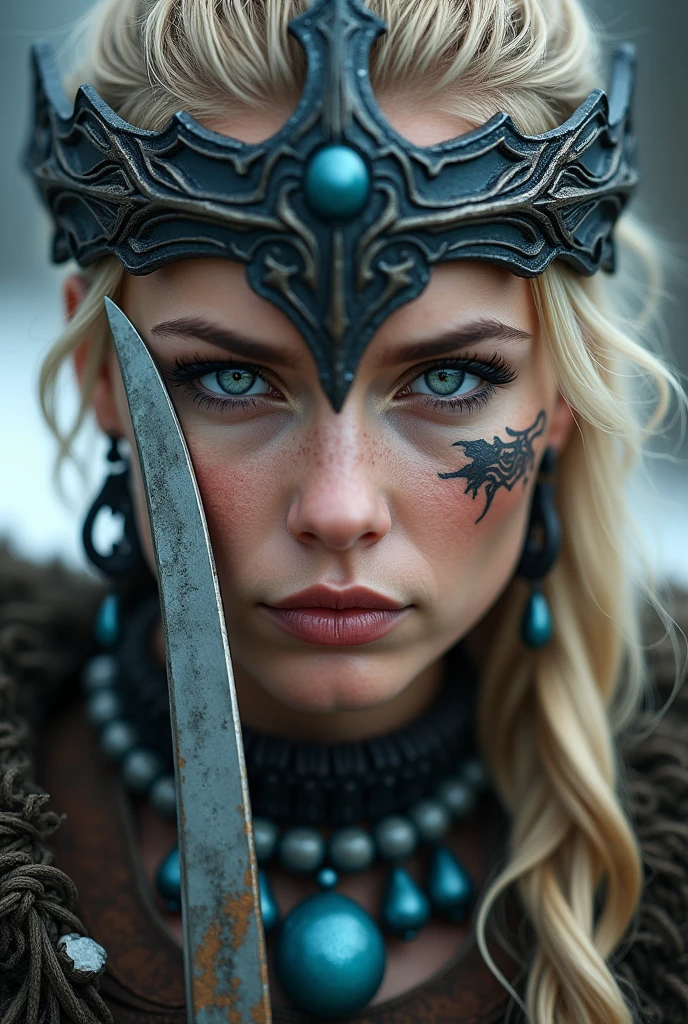 Close up of nordic warrior with small sword in hand,blonder woman, sword next to the face, large head ornament , blue neck necklace, tattoo in face