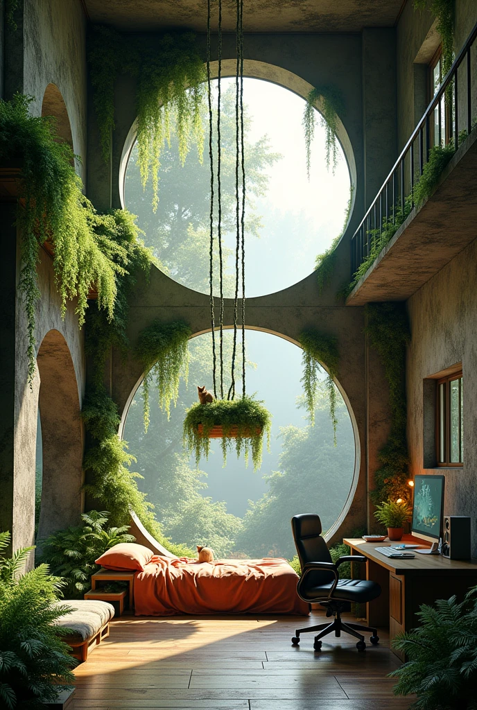 make a brutalist loft bedroom open interior design

full of lush, hanging vines and moss

make a lot of different shape

add a balcony

big industrial window

make some windows circle 

bed is hanging on vines

add fern

add a computer desk

a cat, cat bed, and cat house