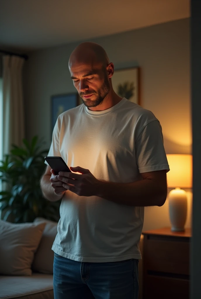 bald white man looking at his phone standing inside a house 