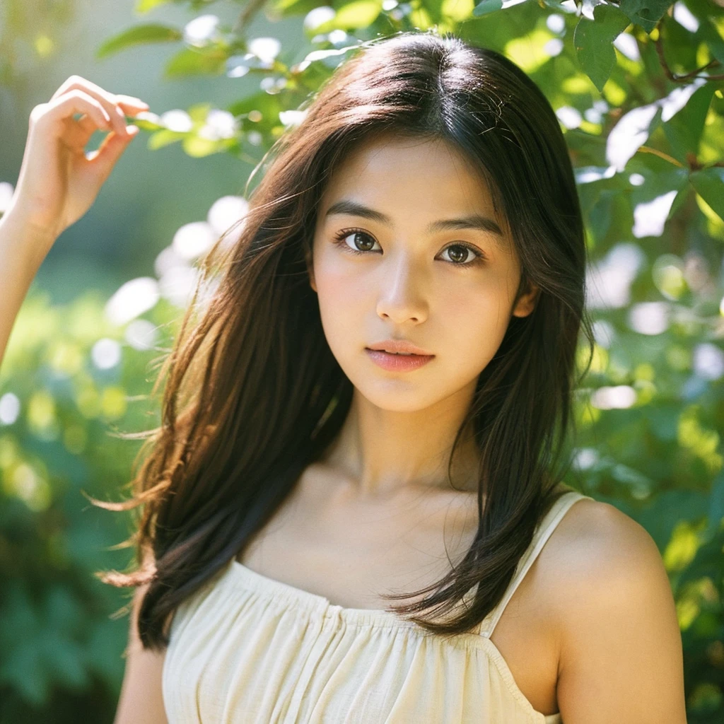A hyper-realistic close-up image of a single Japanese woman in her early 20s, captured with the nostalgic warmth and subtle graininess of a film camera, focusing on her face and shoulders. Her skin has a warm beige tone with a natural, slightly rough texture that includes visible pores, fine lines, and subtle imperfections such as small blemishes, adding to the authenticity of her appearance. The soft, diffused natural light typical of a sunny summer day casts gentle, warm shadows on her face, enhancing the film-like quality while maintaining the realistic texture of her skin. Her straight, glossy black hair is slightly tousled by a gentle summer breeze, framing her face naturally. She is wearing a light, summery outfit, perhaps with straps visible at the shoulders, that complements her natural beauty and suits the warm weather. The film camera effect introduces a slight grain and a softer focus, giving the image a warm, nostalgic atmosphere while preserving the realism of her skin and features. The overall composition captures the serene and effortless elegance of a summer day, with the focus on the realistic texture of her skin and the timeless quality of the film camera aesthetic.