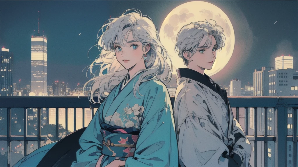 (masterpiece), highest quality, Cyan eyes, Light grey hair, Expressive eyes, Jorhaya, Looking out from the balcony of a high-rise apartment building, 80's Japanese style woman, Night Sky, Cityscape, View Viewer, City lights, Dramatic Light, Calm face,Smiling、Full moon night