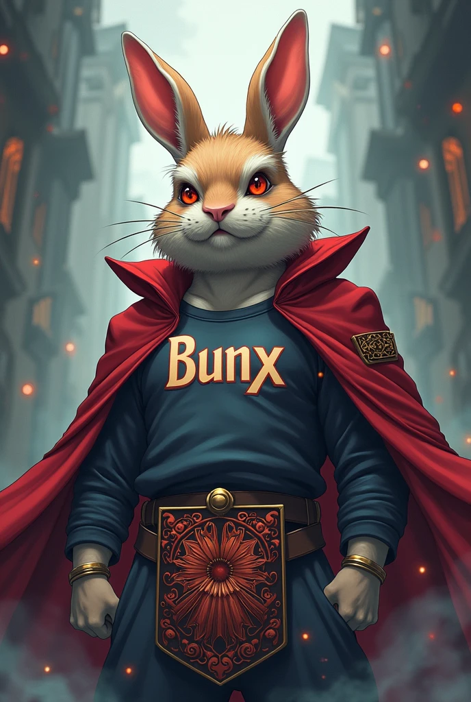 An anime style rabbit, from wizard class, with a shirt that says Bunx , adult and bad face, with muscles , as if he were an RPG wizard, at the bottom put a wizard&#39;s coat of arms 