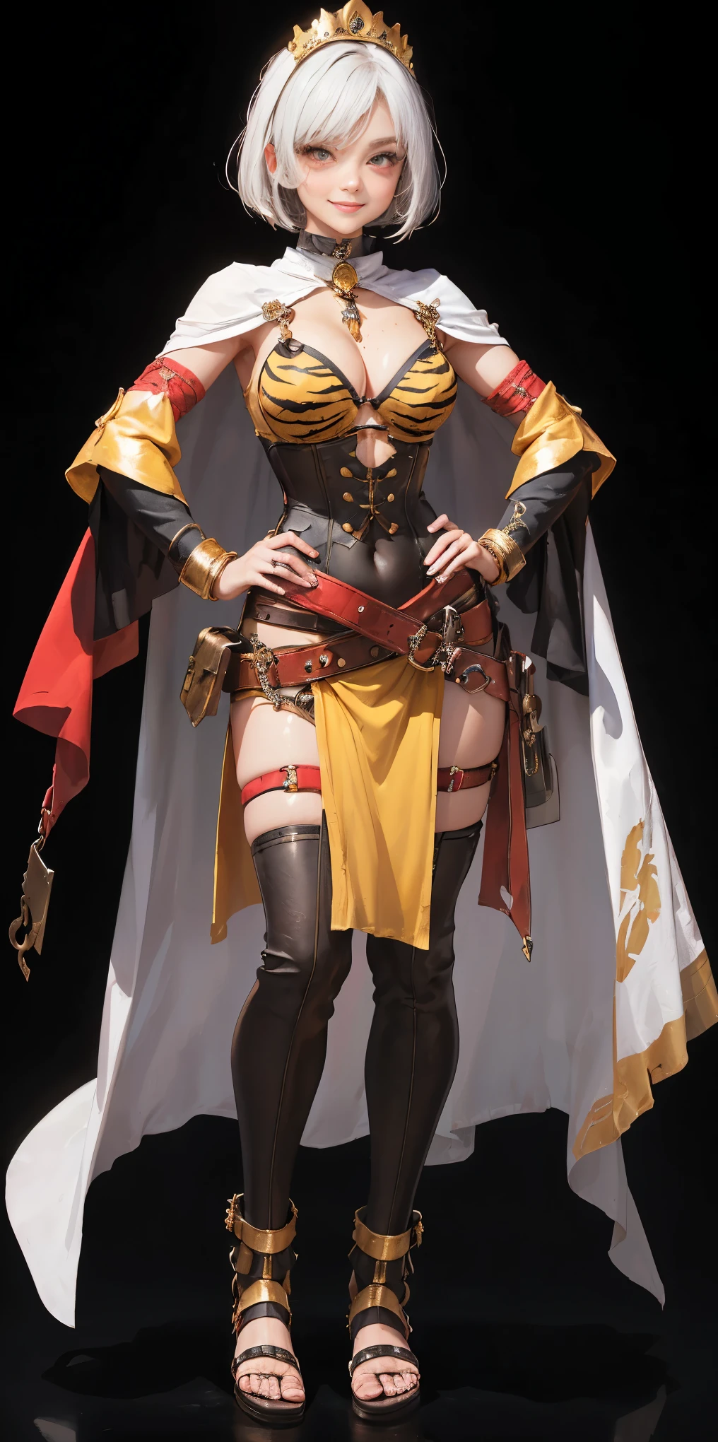 ((BLACK BACKGROUND 1:2, masterpiece)) 1solo female full body standing straight symmetrical with two long thighs and two metal sandals, red eyes like rubies, looking to the viewer, silver white hair, short bob style hair, big knockers breastplate, breastplate, cleavage, tiara royal, long cape up to two feet, yellow bikini (yellow tiger stripes), lustful smirking smiling, smile face (red blushed, red cheeks), pauldrons metal shoulders, gold sleeveless bracelets, separate sleeves, hands on waist hands OR hips, golden bracers, metal handcuffs, leather corset, red loincloth, black leather choker slave collar, shackles bracelets, slave red crest under navel, navel, big belt around waist OR hips, feet together, metal ankles