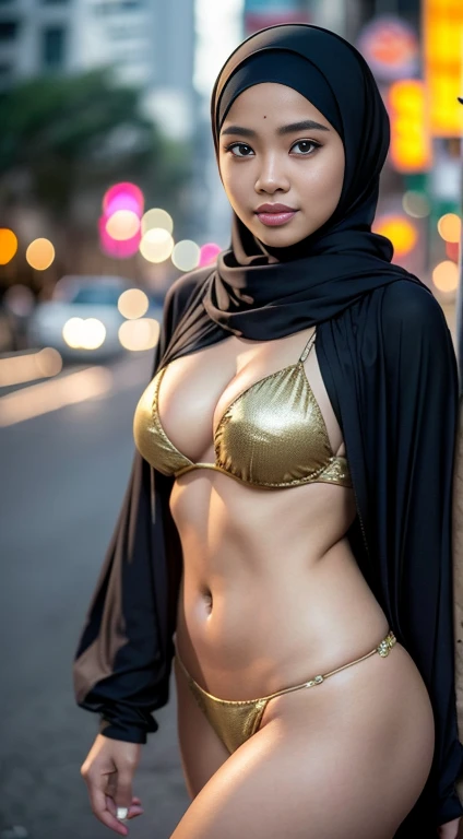 RAW, Best quality, high resolution, masterpiece: 1.3), beautiful Malay woman on hijab (iu:0.8),1 matured malay girl in hijab, surabaya street,morning, cityscape,city lights,upper body,close-up,smile,big breast,micro bikini ,sexy girl (8k, RAW photo, best quality, masterpiece:1.2),(realistic, photo-realistic:1.37),