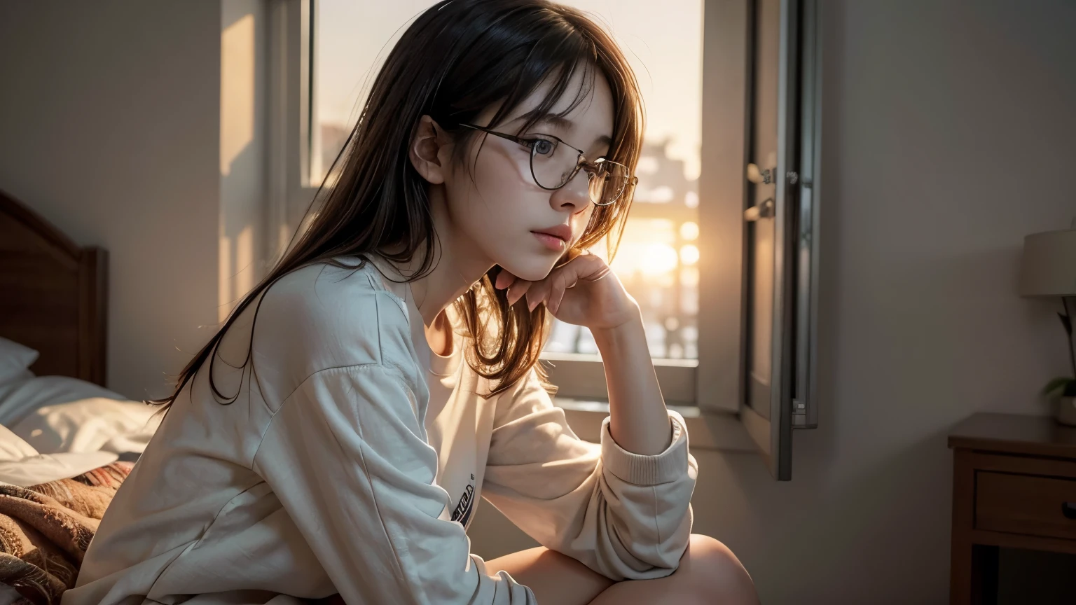 "Photorealistic, (close up:1.3, exposed face), wide angle, (side view), a Japanese young woman looking outside through the window at the sunset, wearing wet (long sleeve floral t-shirt:1.2, oversized t-shirt, hotpants), a hyperrealistic beautiful young woman with grayish blue eyes in glasses, natural sagging round breasts, high detailed official artwork, slim fit body and busty posture, long legs, attractive young woman, (attractive sitting poses:1.3, contemplative posture), sitting on a bed in a cozy bedroom with soft, messy blankets around her, warm sunset light streaming in from the window, dubnitskiy david fanart, realistic portrait, smooth photorealistic, perfect visual of a cute woman, cute woman with soft skin and delicate facial features, face focus, peaceful expression, looking outside the window at the sunset, makoto shinkai and artgerm style, photon mapping, warm color tones, vivid colors, cozy ambient, serene atmosphere, 8k and 4k resolution."