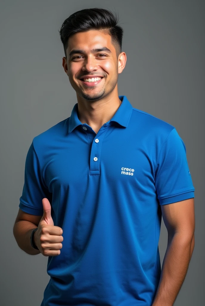 Create a realistic image of a young Latino man wearing a polo shirt, total color electric blue. besides, The polo shirt must have the phrase in white " CRECE MASS" needle-stitched in the right breast. Must have thumb up . The young person must be between 20 and 2. In addition, The young man should have short hair , for the banking work environment