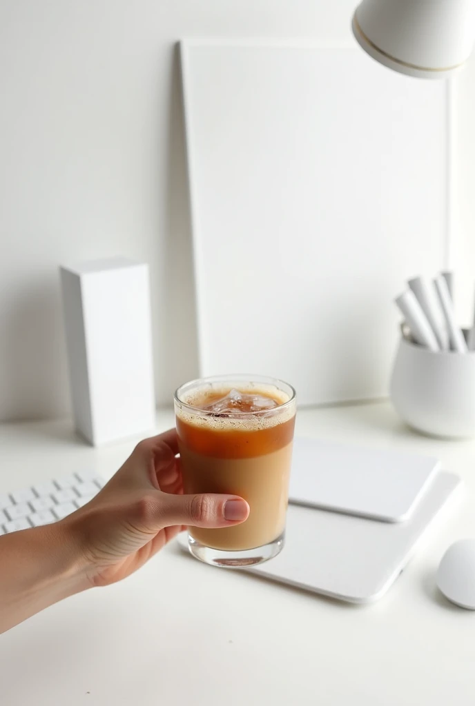 holding iced coffee in hand。All devices are white on a white desk