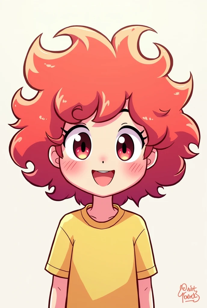 make a steven universe ganert with wavy and puffy hair, same as the original character, but instead of being square it will have curly ends with a light shade of vibrant red., make the drawing with the same lines as the original steven universe drawing