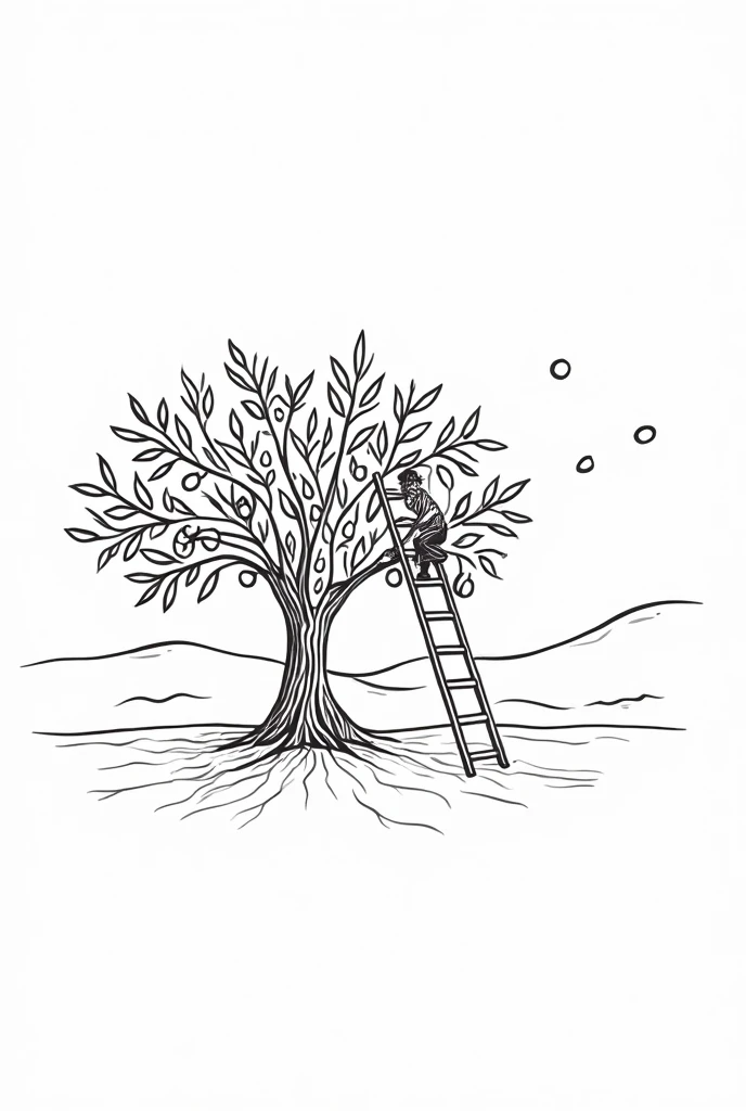 line drawing illustration of olive tree, olives, person farming, minimalist lines, simple in lines, that the tree has a ladder and a grower is climbing it, that doesn&#39;t look so simple