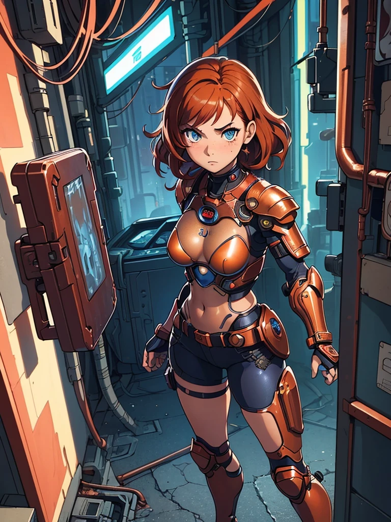 (masterpiece), (best quality), ((one girl)),((red copper hair)),(brown eyes),short hair, curly hair, anime style, freckles, (small breast), (petite figure), legs,(cyberpunk),(blue cyberpunk armor) (full blue body armor),(full leg armor),(almond eyes),(tan skin)