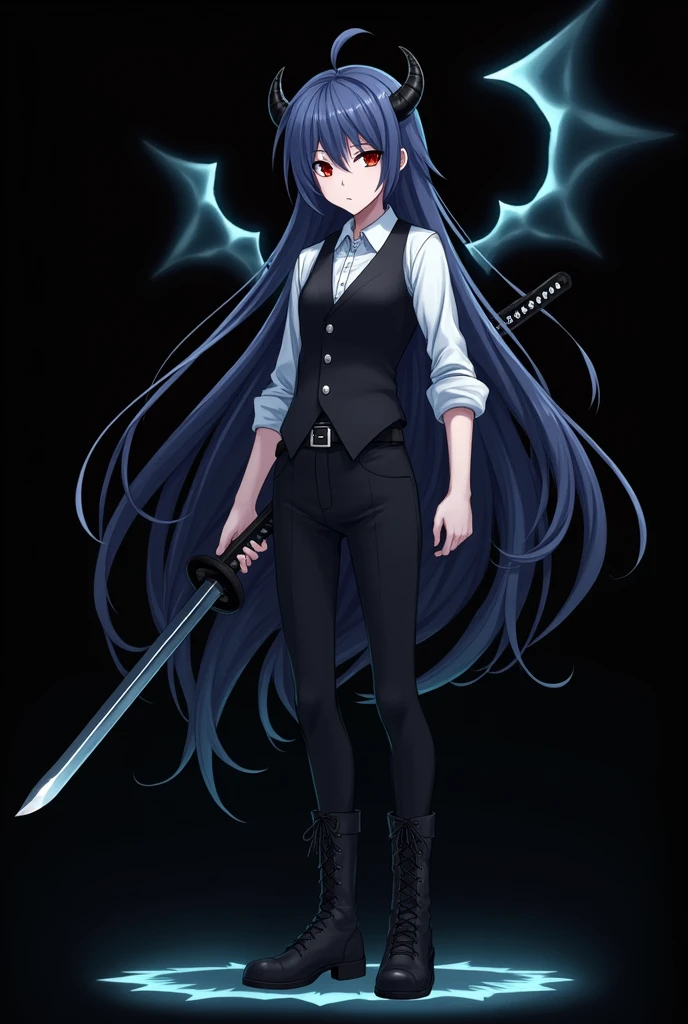 More mature anime style image. An image with a black background. a teenage girl, long blue hair and red eyes, wore a white dress shirt rolled up to the elbows and a vest, black pants and black boots. Small black horns came out of her hair. A human image, but still diabolical. A dark aura around him ready to kill at any moment along with his serious expression. He used a katana that emanated a dark glow around him.. There was a strange glow behind him that gave the shape of wings..