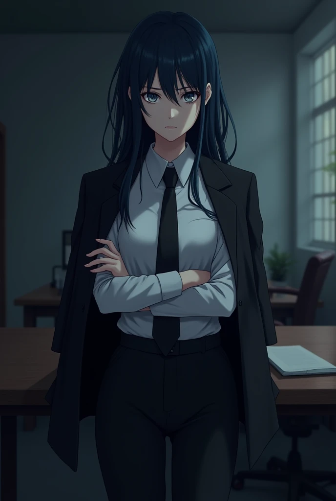 Create the following image: The image shows a young woman with very dark, blue-black hair., light grey eyes and white skin. She is standing next to a table, with his arms crossed and a serious expression on his face. Wear a white long-sleeved blouse, a black tie, black pants and a black jacket. The background is a dark office, and his eyes stand out in the darkness. anime style