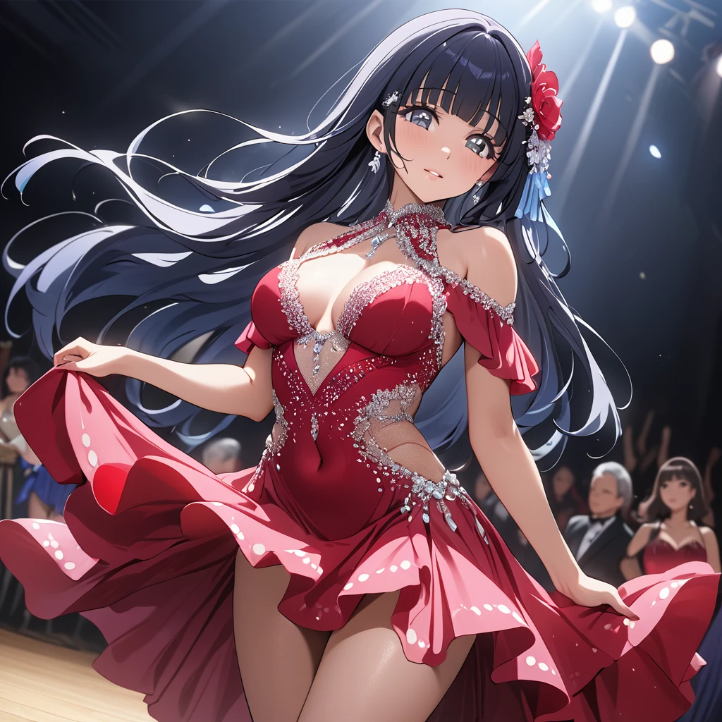((Highest quality)), ((masterpiece)), (detailed), (Perfect Face)、The woman is Reika Aoki with semi-long hair、Woman wears Latin dance dress in South America